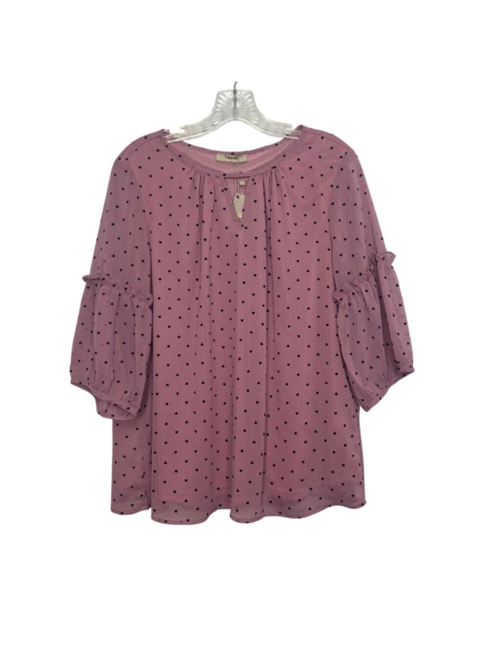 Timeson 3/4 Sleeve Blouse Shirt Large Pink New Heart Print Flowy Ruffle Detail